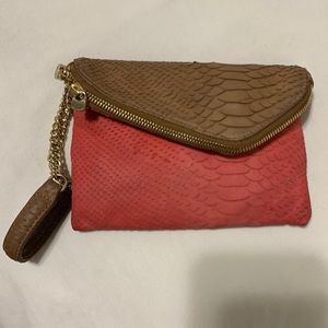 Henri Bendel Coral Brown Asymmetrical Textured Leather Foldover Clutch